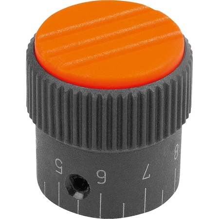 Kipp Knurled Knob W.Scale Size:3, D1=34, H=36, D=8, Form:C, Plastic Black Ral7021, Cap:Orange Ral 2004 K0248.33081